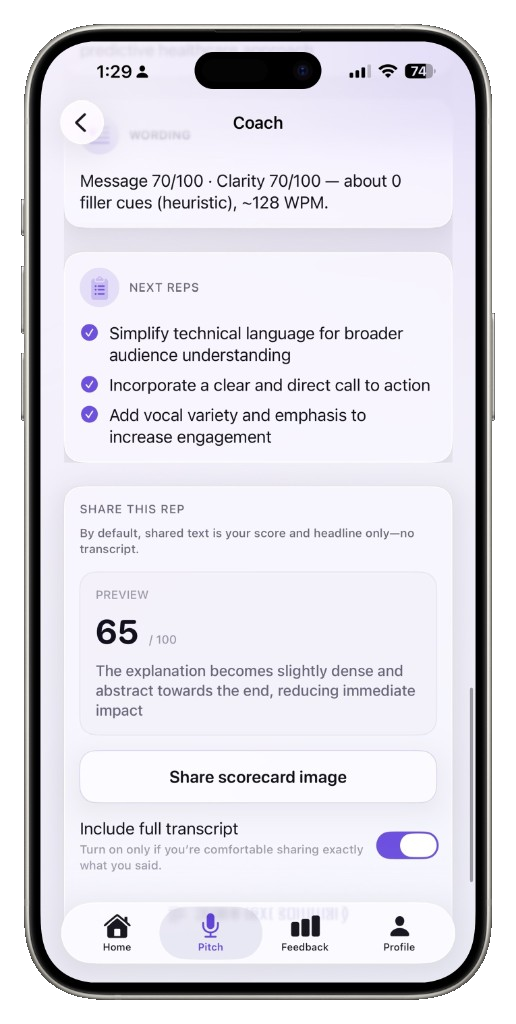 UPitch Coach on iPhone — scores, rhythm charts, strongest moment and grow next