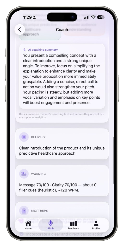 UPitch Coach on iPhone — next rep checklist and shareable scorecard