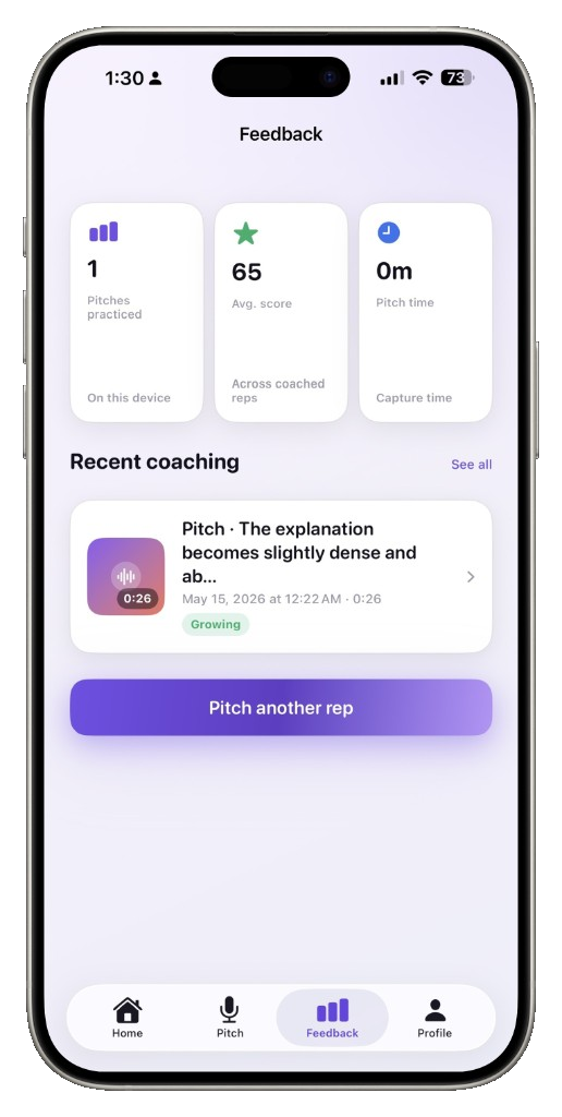 UPitch Feedback on iPhone — recent coaching and Pitch another rep