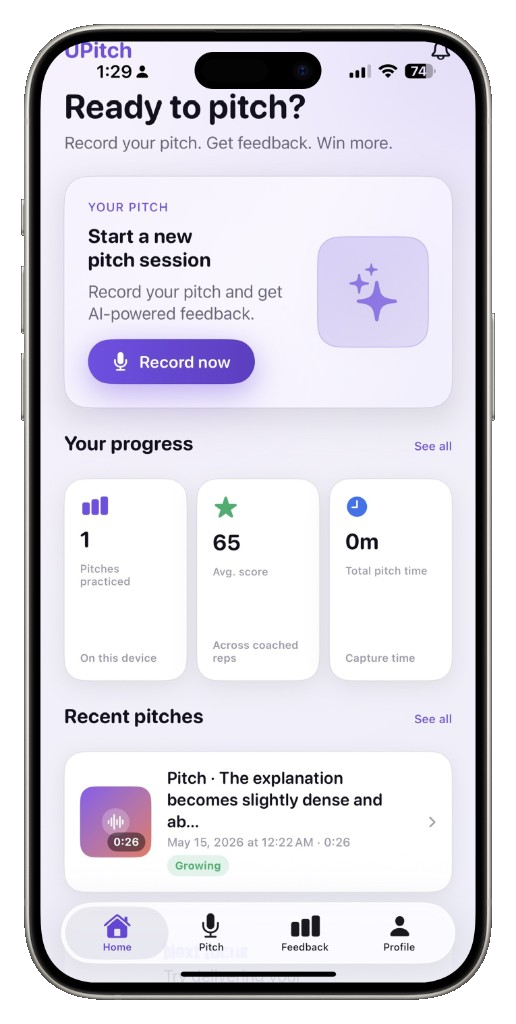 UPitch home screen on iPhone — Ready to pitch with Record now